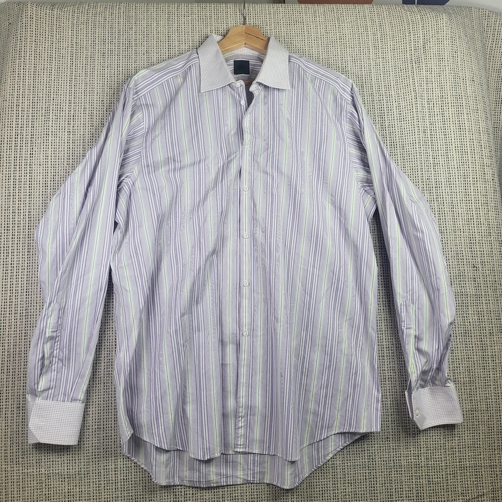 IKE Shirt Mens Large 16.5 Purple Green Striped Button Down Dress Cotton‎ Peru